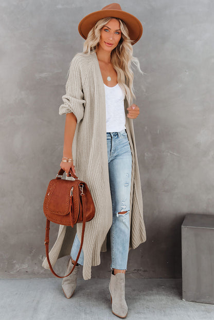 Beige Cable Knit Side Slits Open Front Duster Cardigan