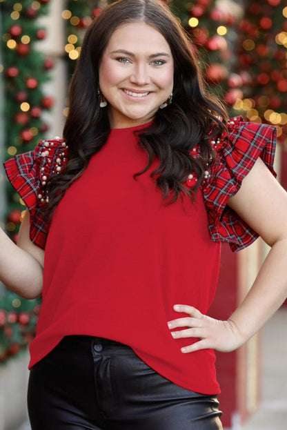 Racing Red Plaid Pearl Ruffled Sleeve Knitted Christmas Holiday Plus Size Top