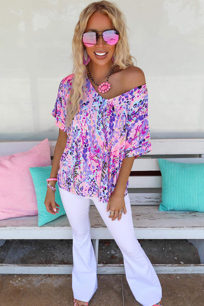 Pastel Blue Abstract Floral Print Short Sleeve V Neck T Shirt