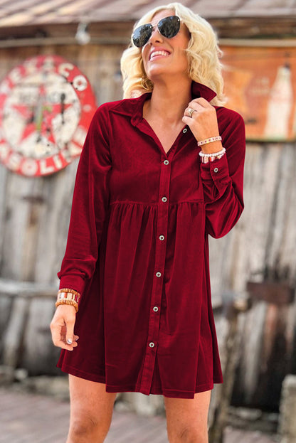 Red Long Sleeve Ruffle Velvet Button Up Shirt Dress