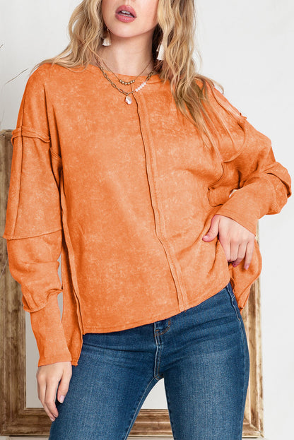 Orange Patchwork Long Sleeve Distress Pullover Top