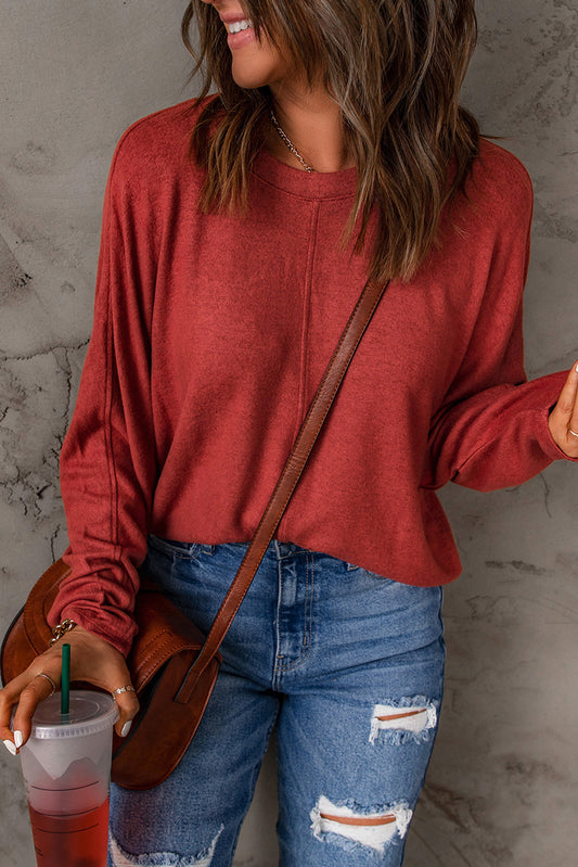 Red Basic Solid Color Seam Patchwork Long Sleeve Top