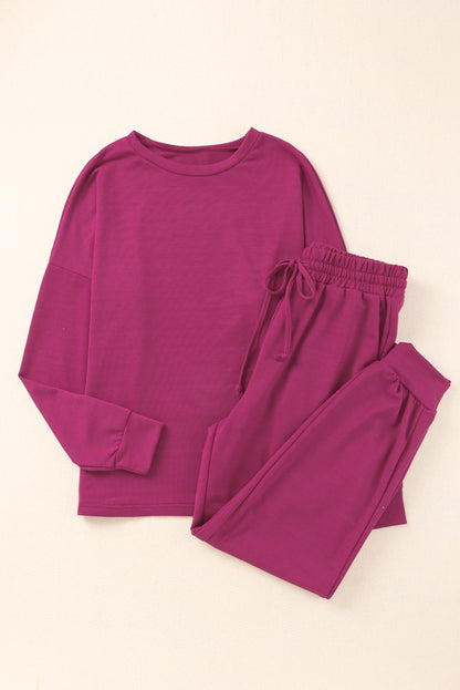 Red Casual Long Sleeve Pullover & Joggers Pajamas Set