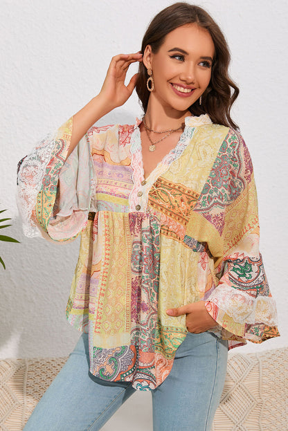 Multicolor Paisley Print Bell Sleeve Lace V-Neck Button Sheer Blouse