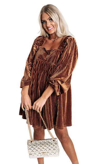 Brown Square Neck Tie Back Ribbed Velvet Babydoll Dress