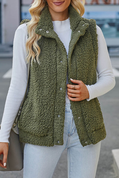 Green Snap Button Collared Stand Neck Sherpa Vest