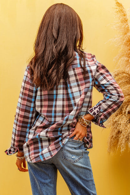 Multicolor Plaid Leopard Trim Collared Button Up Shirt