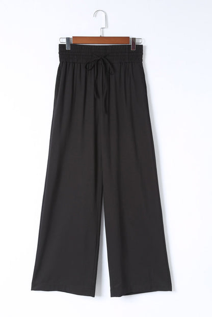 Black Casual Drawstring Shirred Elastic Waist Wide Leg Pants