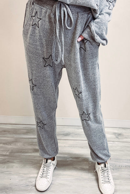 Gray Stars Print Long Sleeve Top and Drawstring Pants Set