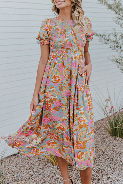 Boho Wide Sleeve Smocked Waist Floral Dress