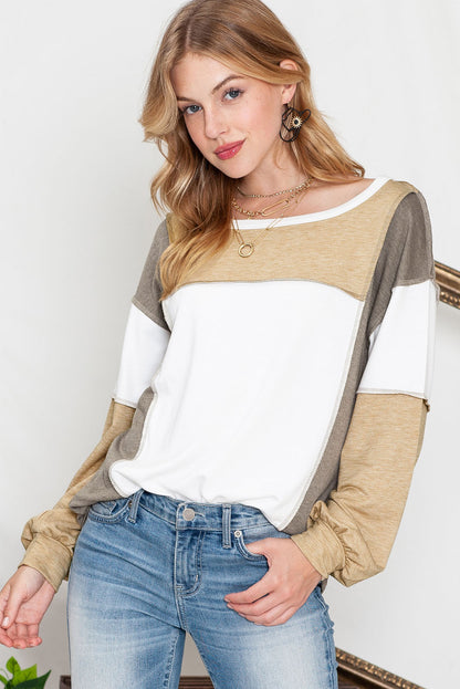 Khaki Color Block Exposed Seam Long Sleeve T Shirt