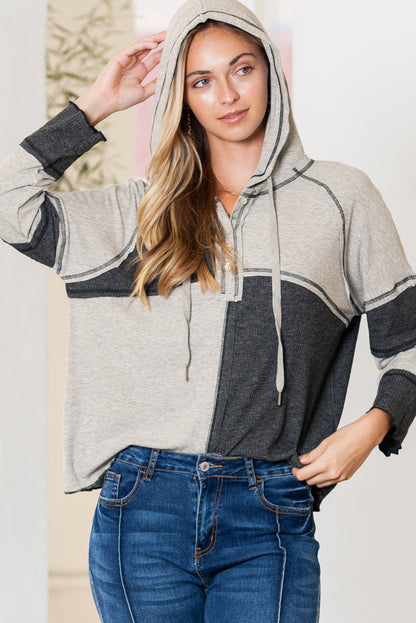 Gray Exposed Seam Ribbed Henley Hooded Long Sleeve Top