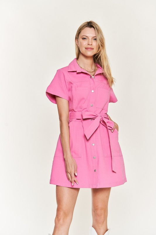 Belted cotton short dress JBJ1023