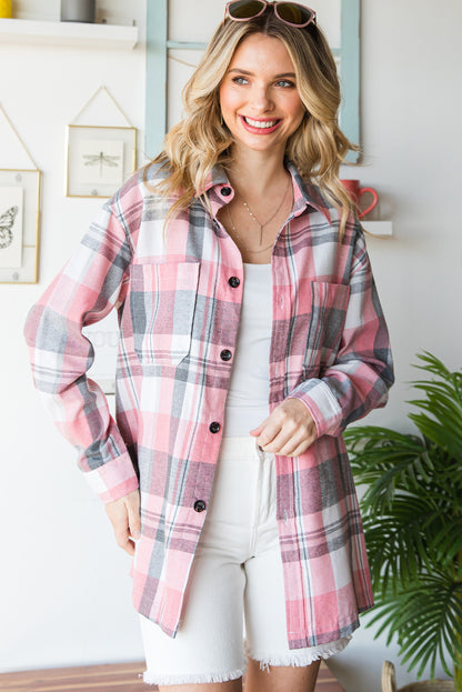 Pink Long Sleeve Collared Button Up Flannel Shirt