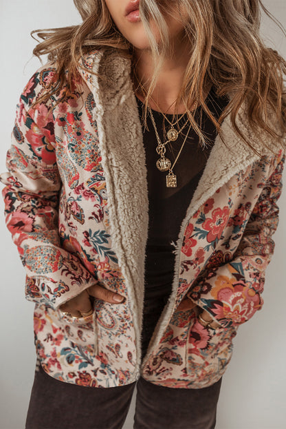 Khaki Vintage Paisley Floral Printed Sherpa Lined Hooded Jacket