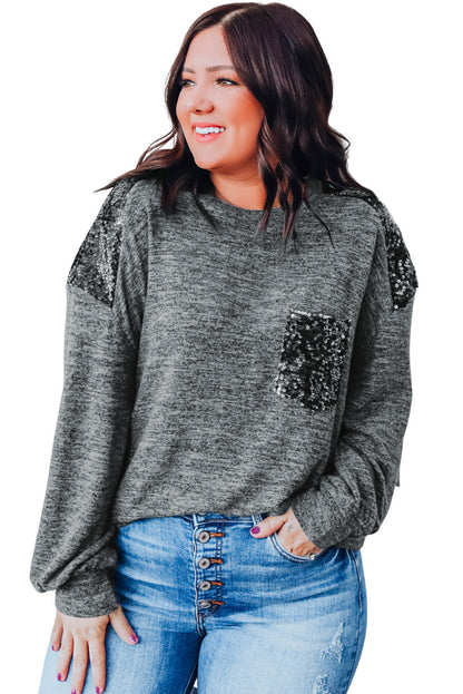 Gray Sequin Patchwork Long Sleeve Plus Size Top