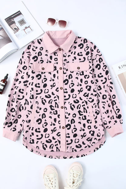 Pink Leopard Collared Neckline Flap Pockets Corduroy Jacket