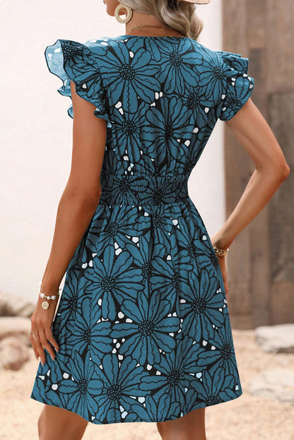 Real Teal Wrapped V Neck Floral Print Ruffle Short Sleeve Dress