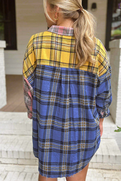 Multicolor Plaid Colorblock Raw Hem Shacket