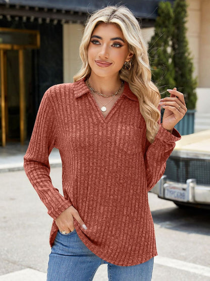 Ribbed Johnny Collar Long Sleeve T-Shirt