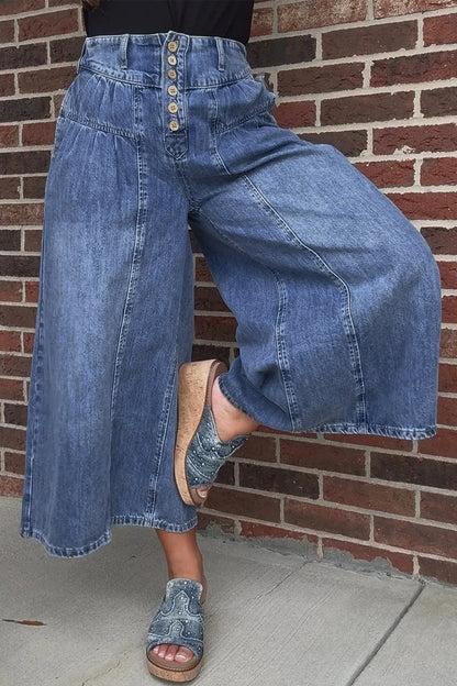Dusk Blue High Rise Buttons Pleated Cropped Wide Leg Denim Pants