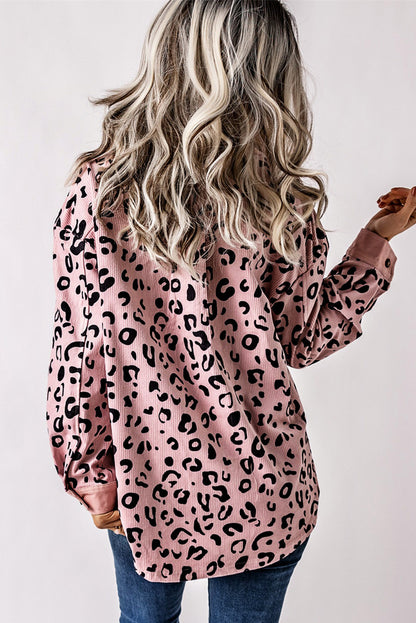 Pink Leopard Collared Neckline Flap Pockets Corduroy Jacket