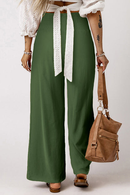 Khaki Smocked Wide Waistband High Waist Wide Leg Pants