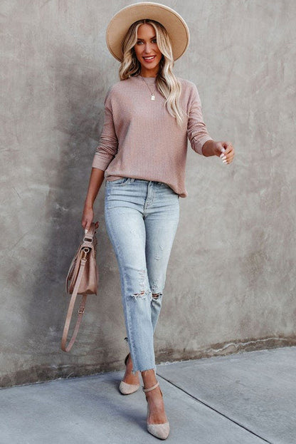 Pink Waffle Knit Crew Neck Casual Long Sleeve Top