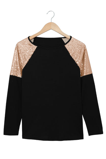 Black and Gold Raglan Sleeve Sequin Top Pullover Long Sleeve Shirt