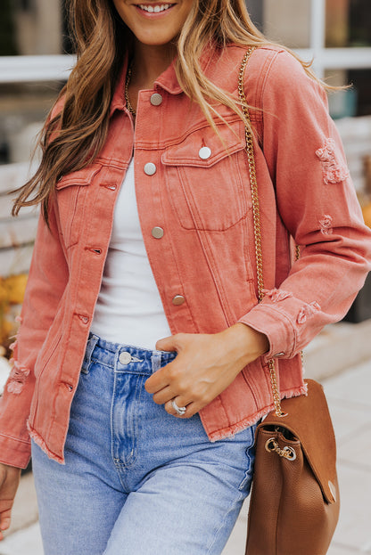 Red Distressed Raw Hem Pocket Buttons Denim Jacket