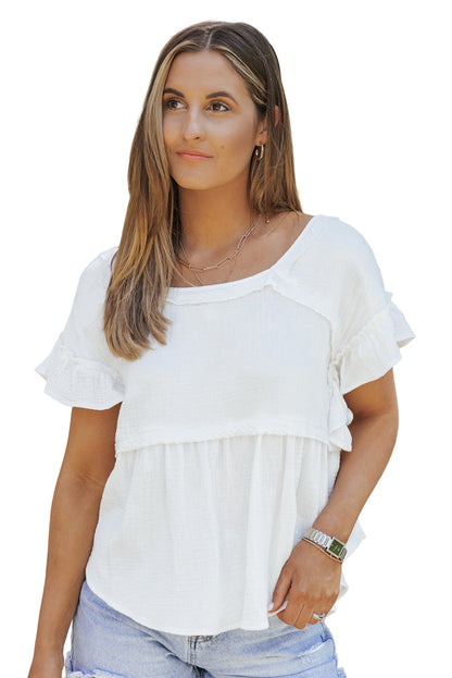 Rosy Crinkled Ruffle Casual Short Sleeve Blouse