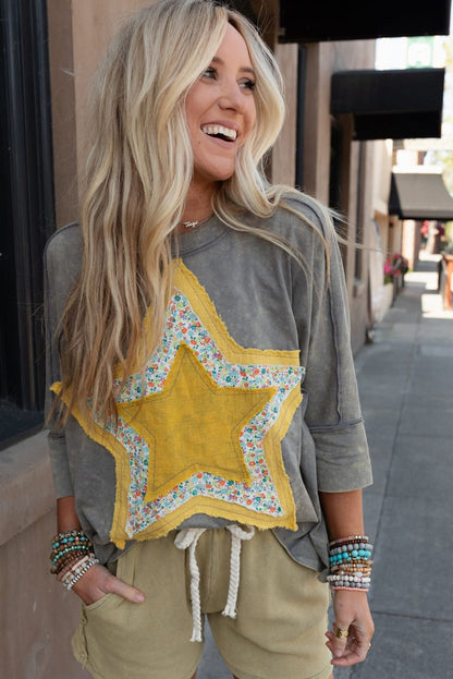 Medium Grey Floral Star Patched Exposed Seam Mineral Wash Top