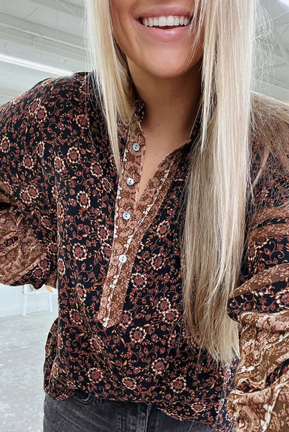 Brown Floral Print Boho Buttons Front Peasant Blouse