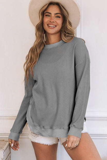 Pink Waffle Knit Crew Neck Casual Long Sleeve Top