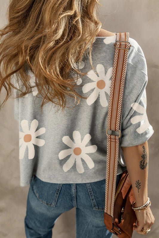 Gray Retro Flower Print Cropped T Shirt