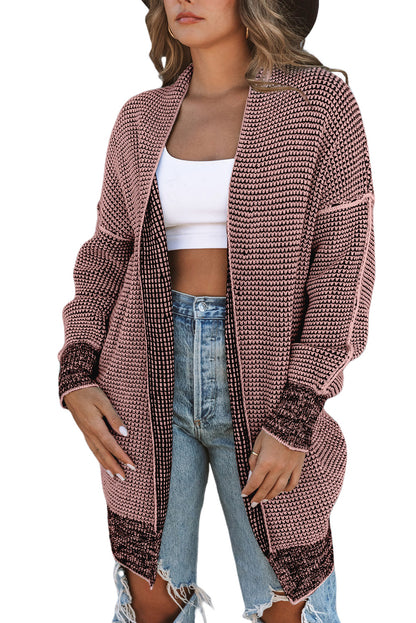 Rose Plaid Contrast Trim Casual Knit Long Cardigan