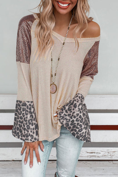 Leopard Sequin Patchwork Bell Sleeve V Neck Tunic Top