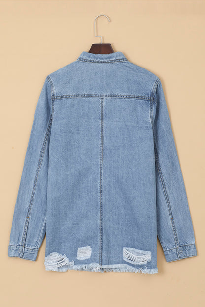 Light Blue Ripped Raw Hem Casual Button Up Denim Jacket