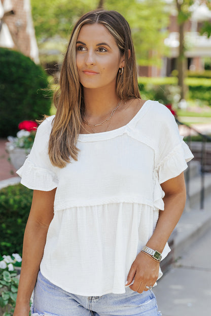 Rosy Crinkled Ruffle Casual Short Sleeve Blouse