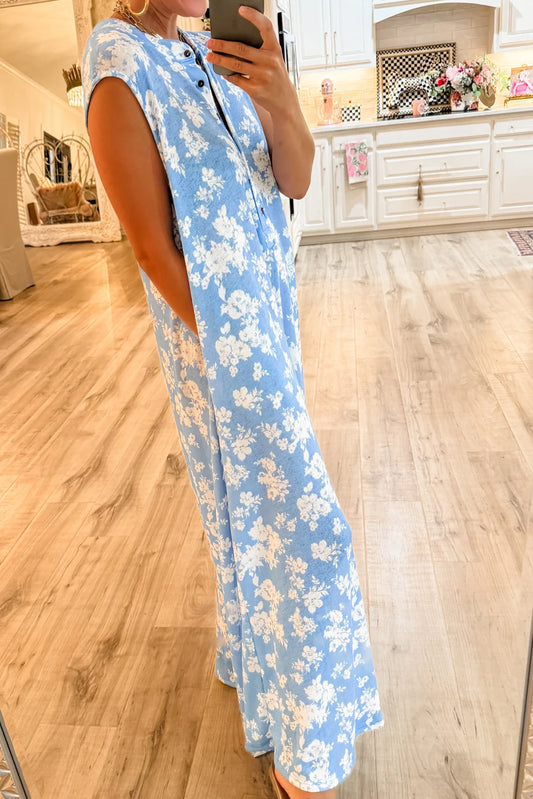 Myosotis Floral Print Sleeveless Wide Leg Jumpsuit