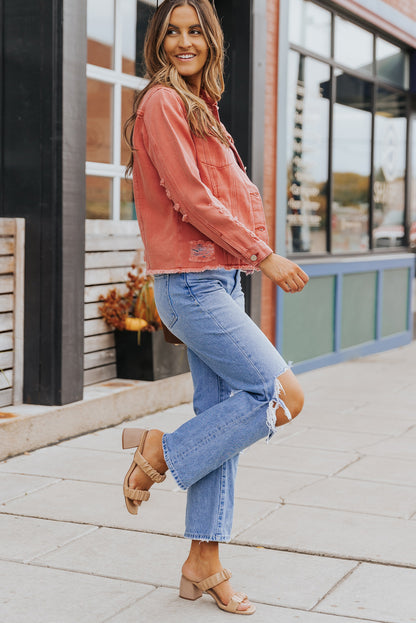 Red Distressed Raw Hem Pocket Buttons Denim Jacket