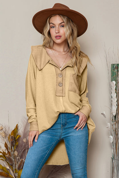 Apricot Waffle Pocket Seam Patchwork Loose Knit Top