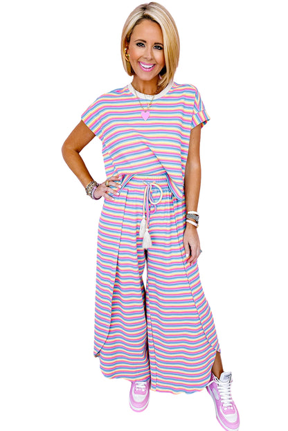 Pink Stripe Rainbow Tee and Tassel Drawstring Wide Leg Pants Set