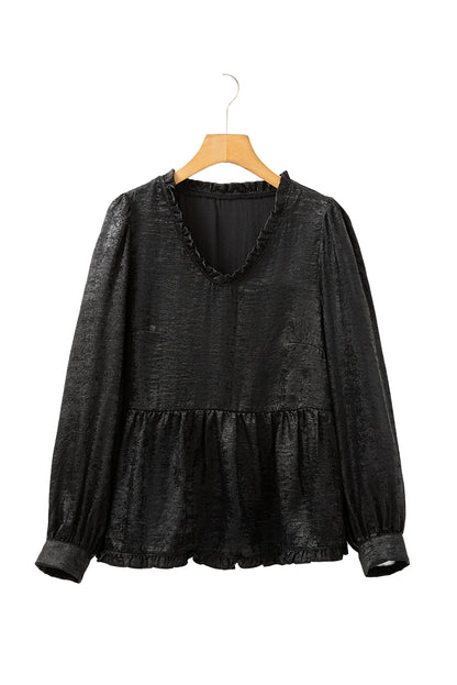 Gold Metallic Velvet Frill V Neck Puff Sleeve Babydoll Blouse