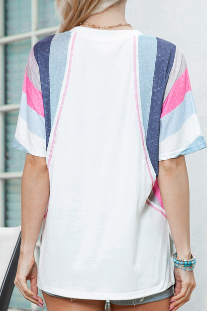 Pink Stripe Patchwork V Neck T Shirt