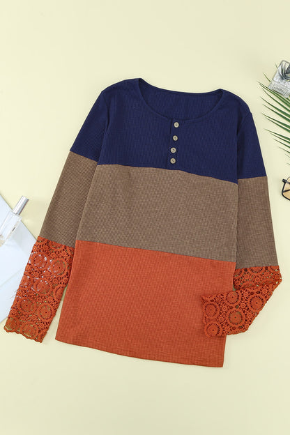 Color Block Ribbed Lace Crochet Sleeves Henley Shirt for Women