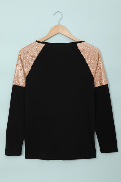 Black and Gold Raglan Sleeve Sequin Top Pullover Long Sleeve Shirt