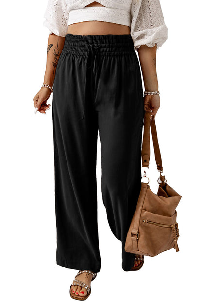 Black Casual Drawstring Shirred Elastic Waist Wide Leg Pants