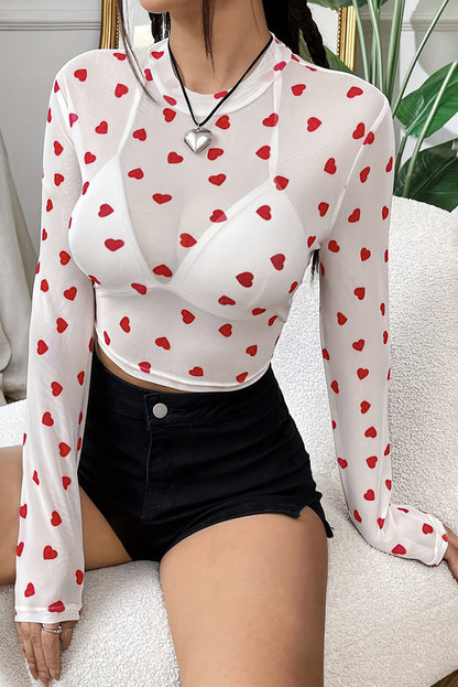 White Heart Print Mesh Long Sleeve Top