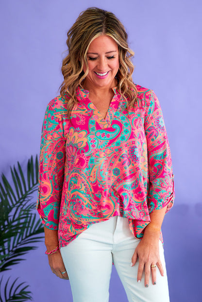 Paisley Print Split Neck Roll Tab Sleeve Plus Size Blouse